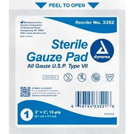 DYNAREX Dynarex Gauze Pad, Sterile, 2inL x 2inW, 12 Ply, 2400 Pcs 3352